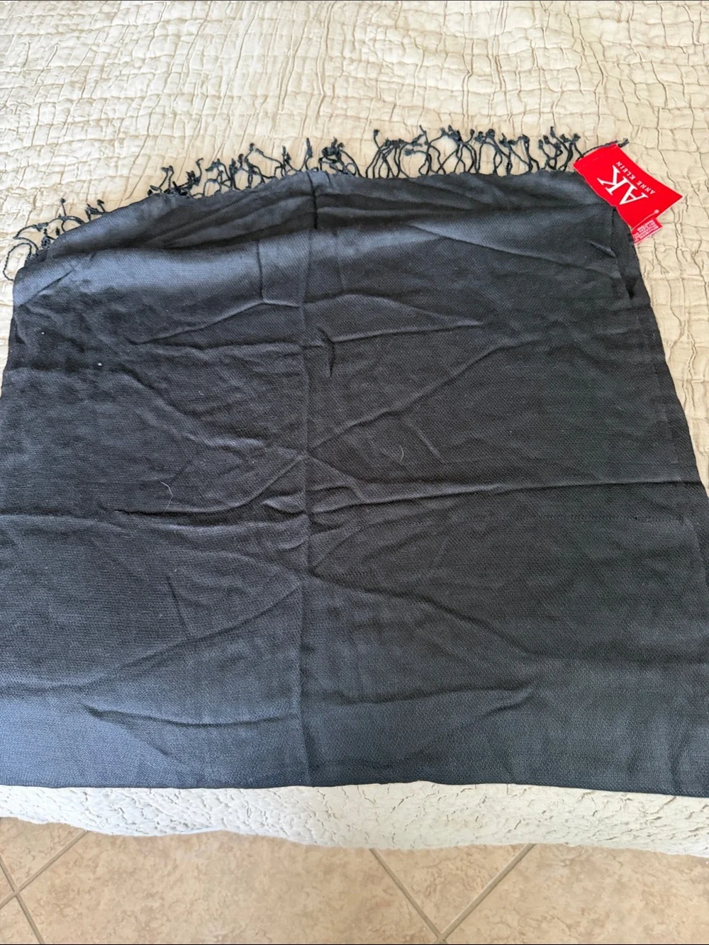 Anne Klein Black cashmere silk blend Scarf with fringe NWT